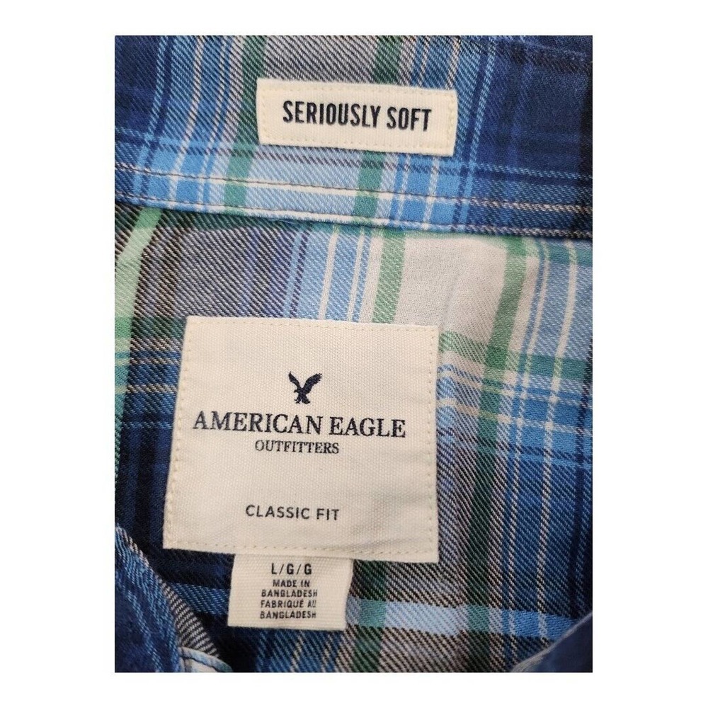 NWOT AMERICAN EAGLE Blue Green Plaid Long Sleeve Button-up Shirt Mens‎ Large - Picture 3 of 9